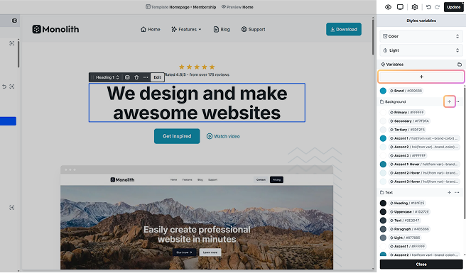 Plus button highlighted in Mosaic’s variables panel for adding new variables within a selected collection or group