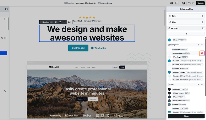 Trash icon highlighted next to a variable in Mosaic’s variables panel, used to delete the selected variable from the collection