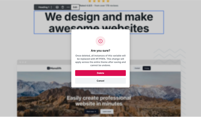 Confirmation popup in Mosaic warning that deleting a variable will replace all its instances with static values across the theme