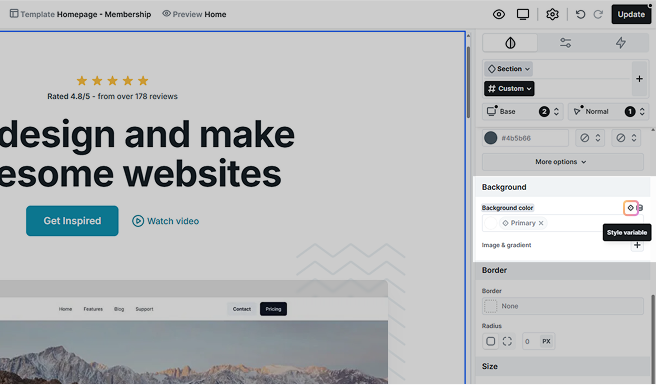 Style variable icon highlighted in Mosaic’s Backgound settings section, appearing next to supported properties