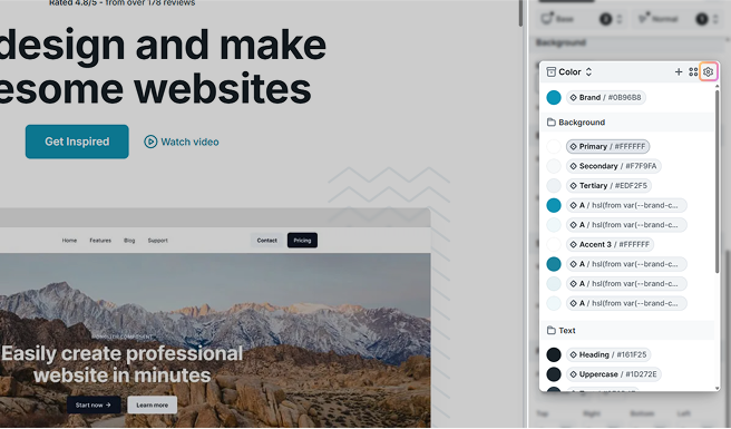Cog icon highlighted in Mosaic’s variable selection popup for accessing the Style variables panel to manage and organize variables