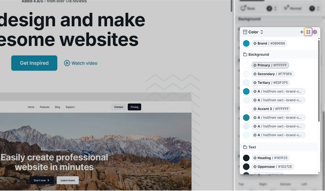 View mode icon highlighted in Mosaic’s variable panel for switching between color variable display layouts