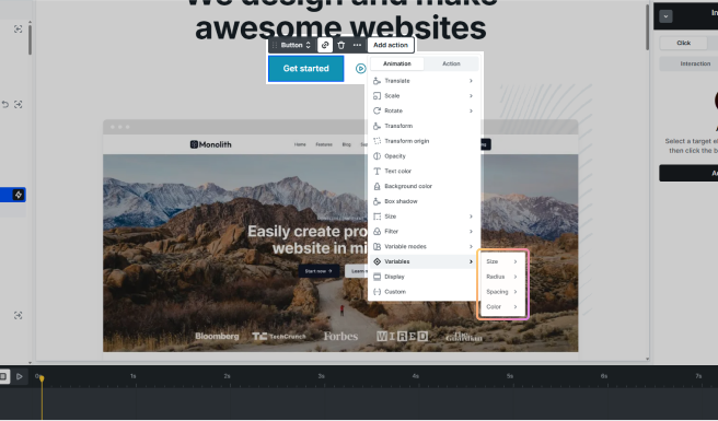 Mosaic Toolbar showing interaction settings that support variable usage for properties