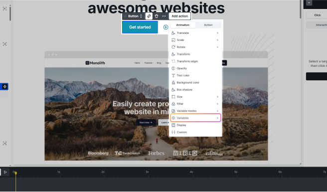 Mosaic Toolbar displaying interaction settings with support for Variable modes, enabling style changes