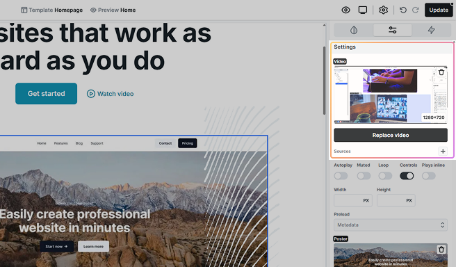 Mosaic Video element settings showing the selected video with options to replace it, plus a field to add multiple video sources