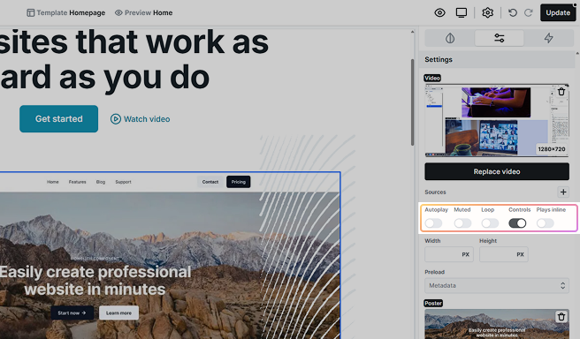 Mosaic Video element playback options with settings for Autoplay, Muted, Loop, Controls, and Plays inline