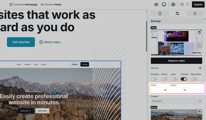 Mosaic Video element settings showing Width and Height options