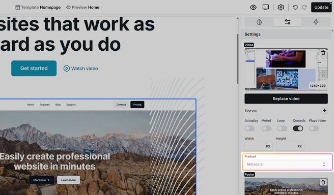 Mosaic Video element setting for Preload set to Metadata by default