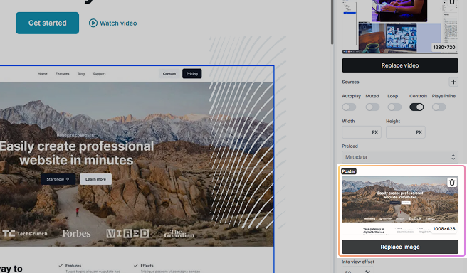 Mosaic Video element setting for Poster, showing the preview image and a replace button