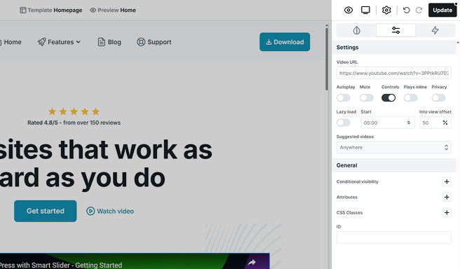 Mosaic YouTube element advanced settings panel with options