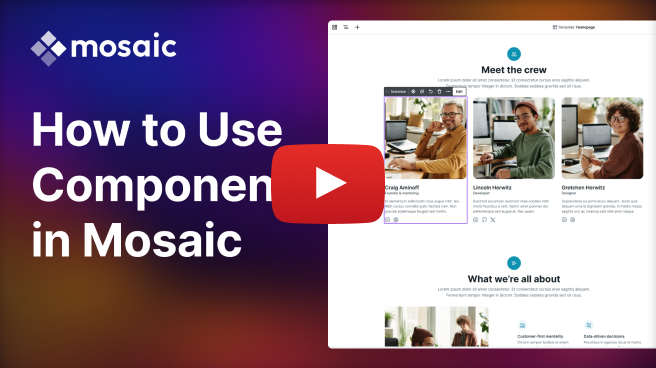 Mosaic's Components video thumbnail showing the Mosaic editor with component instances highlighted in purple.