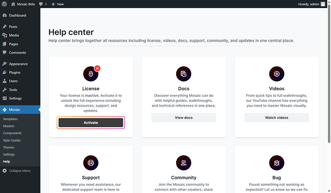 Mosaic Help center in WordPress showing the activation box with an Activate button for the Pro version.