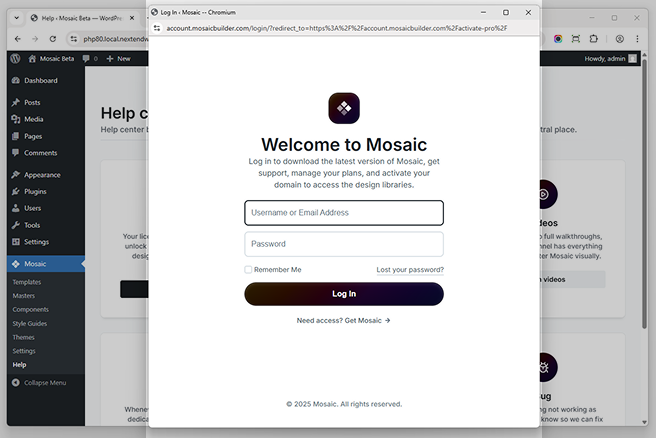Popup window in Mosaic prompting the user to log in with their credentials after clicking the Activate button.