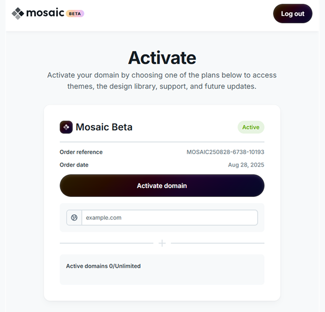 Mosaic activation screen showing available packages with an Activate button highlighted after successful login.