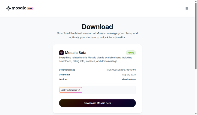 Mosaic account dashboard showing license details with domain activation on the selected package.