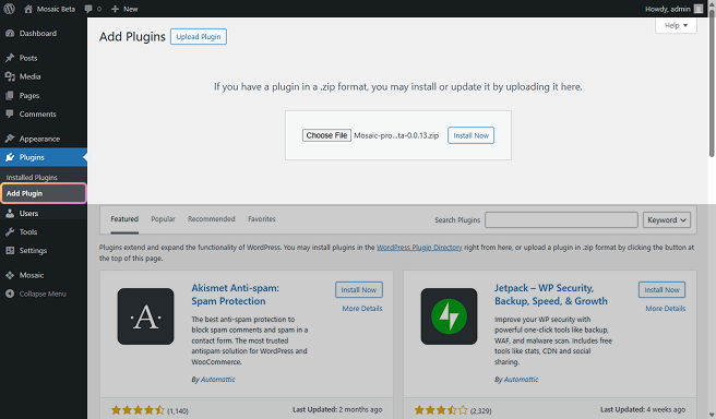 WordPress Plugins page with the Upload Plugin option selected.