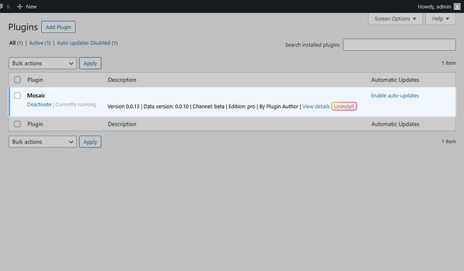 WordPress Plugins list showing the Mosaic Uninstall option