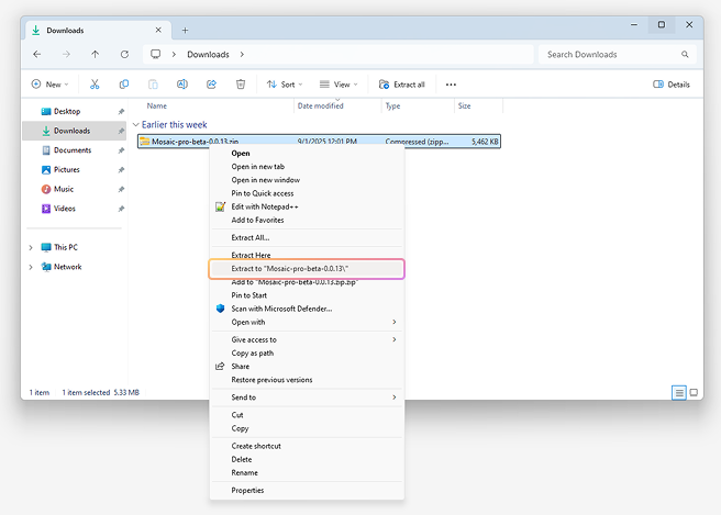 Extracted Mosaic-pro-beta folder displayed on a computer after unzipping the installer file