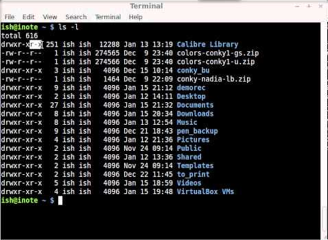 Terminal window showing the command ‘ls -lia .’ with a list of files and folders, where both owner and group are displayed as ‘ish’.