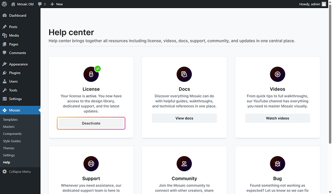 Mosaic Help center on a new domain, showing the license box with the Deactivate button highlighted.