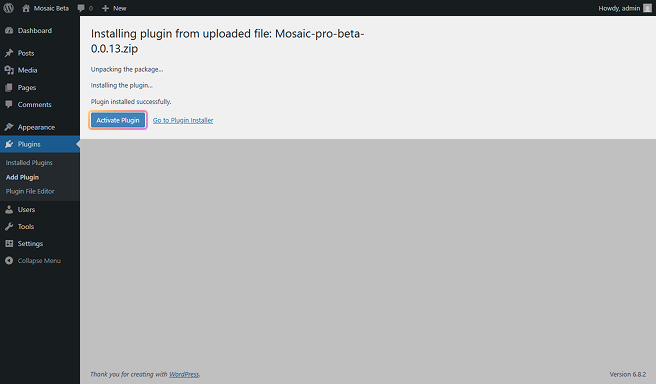 WordPress plugin installation screen showing the Activate Plugin after a successful install.