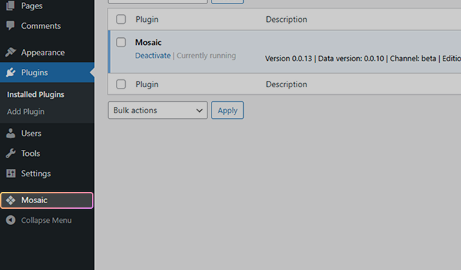Mosaic menu item visible in the left WordPress admin sidebar after activation.