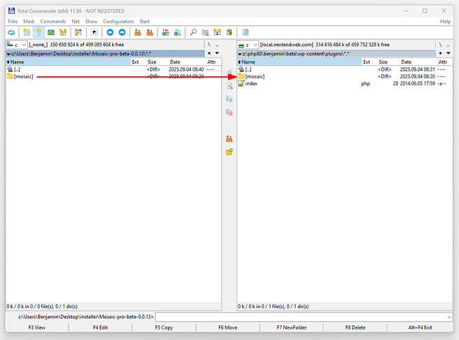 FTP client window showing the mosaic folder being uploaded into the wp-content/plugins directory of a WordPress site.