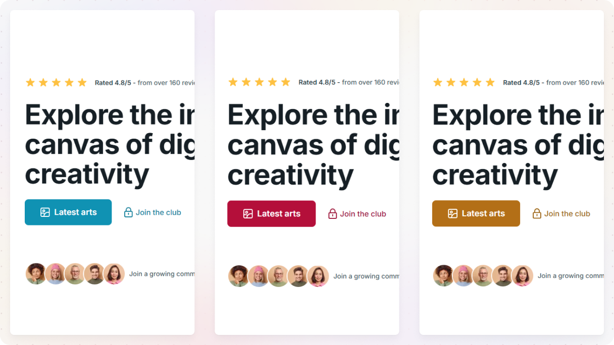 The same website section shown in three different color schemes, demonstrating how cultural context changes the meaning of colors