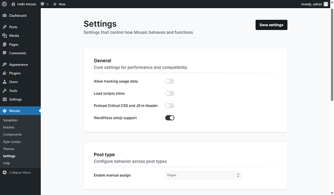 Mosaic settings panel showing options for controling how Mosaic behaves