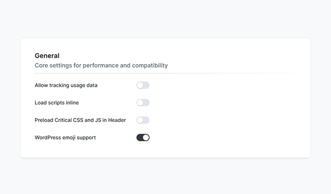 Mosaic General settings panel showing options for usage tracking, inline scripts, preloading CSS/JS, emoji support, and server-side thumbnail rendering
