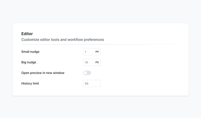 Mosaic Editor settings panel showing options for small nudge, big nudge, preview in new window, and history limit
