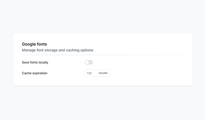 Mosaic Google fonts settings panel with options to save fonts locally and set cache expiration