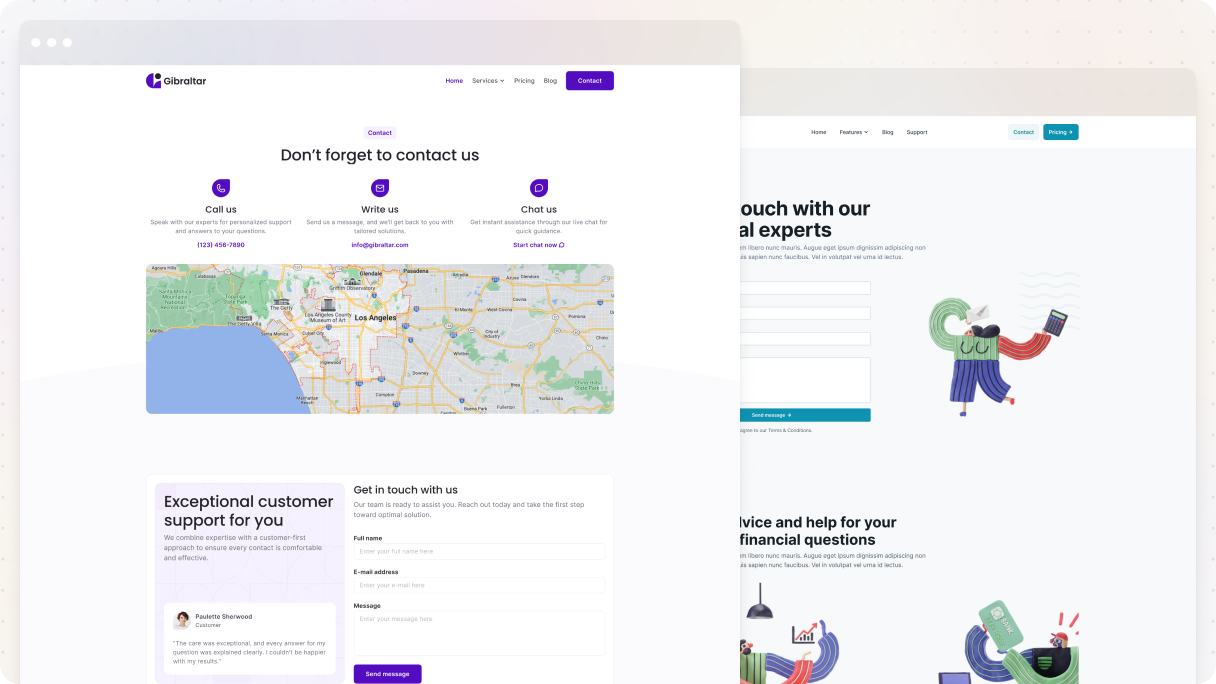 Two contact page examples side by side — the Gibraltar theme showing a map, contact options, and a form with a testimonial, and a second theme showing a contact form alongside illustrated graphics.
