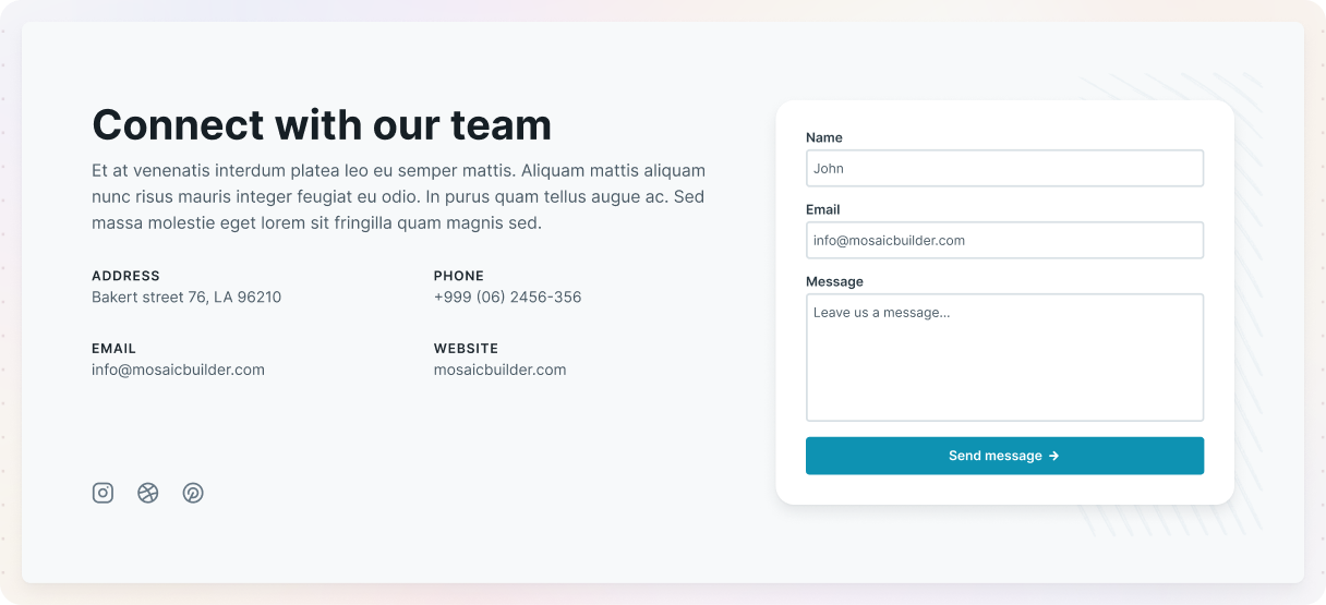 A two-column contact section with business details, social media links, and a map background on the left, alongside a simple name, email, and message form with a teal CTA button on the right.