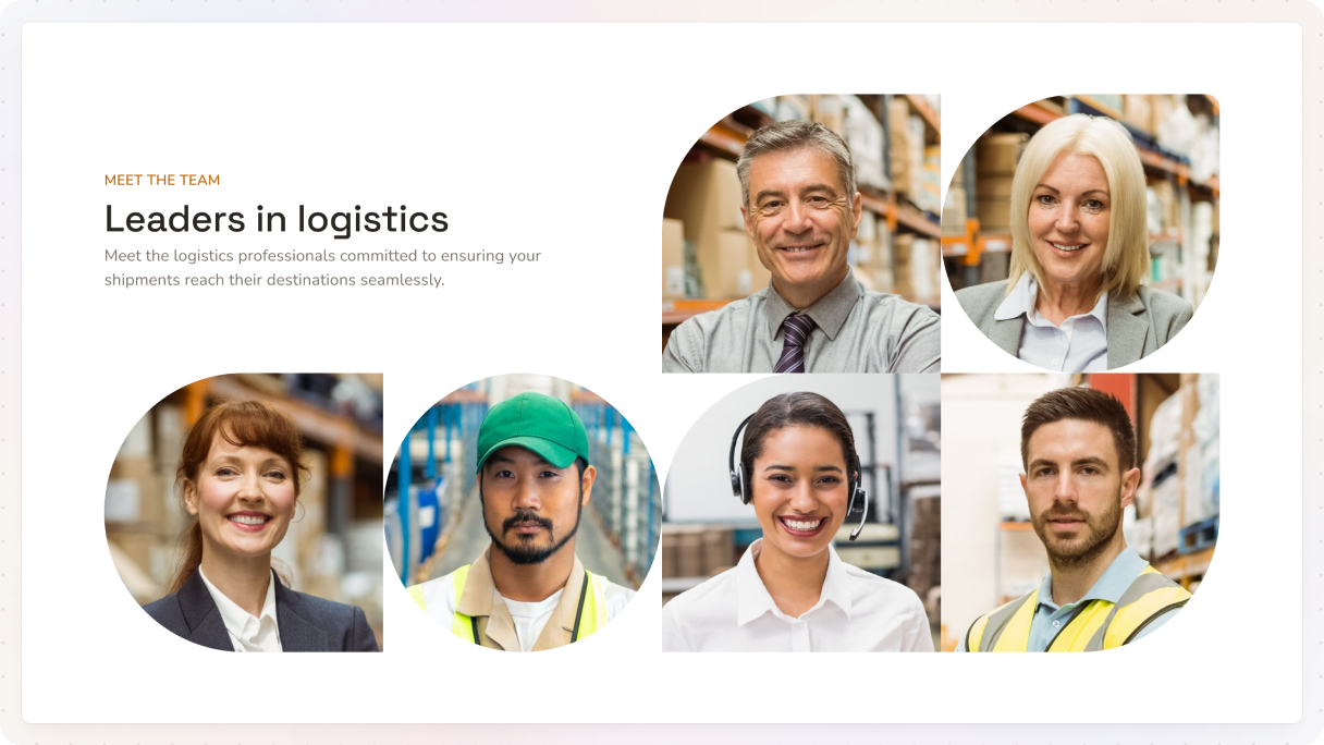 A team section with six rounded portrait photos of logistics professionals in warehouse settings, arranged in a staggered grid alongside a "Leaders in logistics" headline.