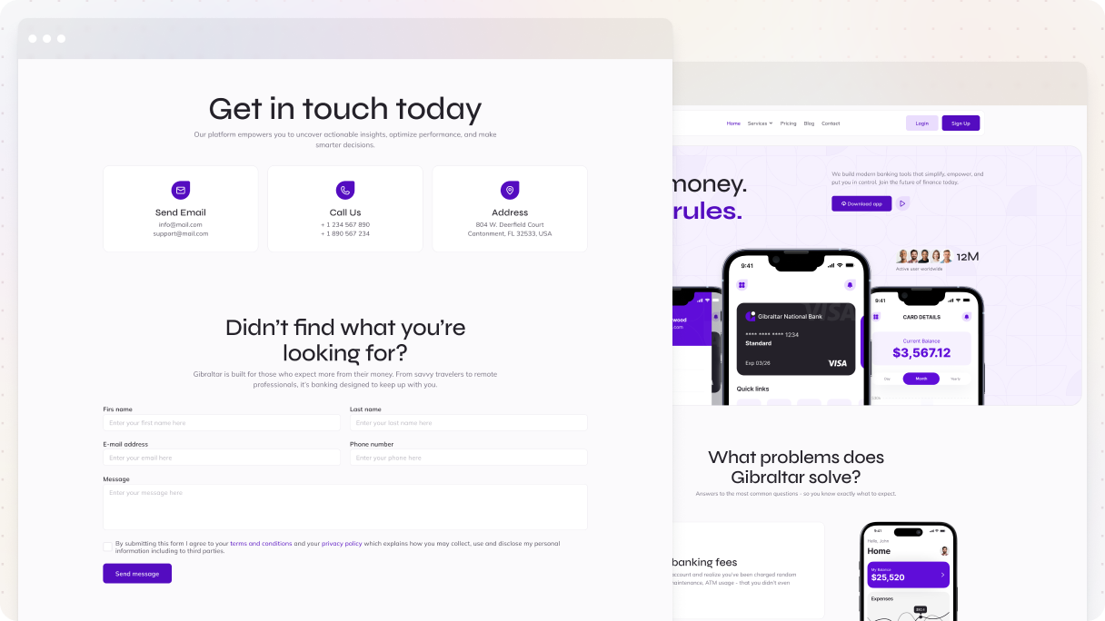 Two contact page examples side by side — the Fintech 01 contact page from the Gibraltar theme showing three contact option cards and a message form, alongside a fintech app homepage with purple branding and mobile screenshots.