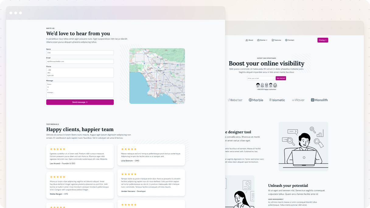 Two pages side by side — the SEO 01 contact page from the Monolith theme showing a form, map, and testimonial grid on the left, alongside an SEO tool homepage with illustrated graphics on the right.