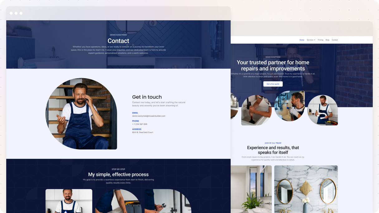 Two pages side by side — the Handyman 01 contact page from the Gibraltar theme showing a hero section, a personal photo with contact details, and a step-by-step process section, alongside the handyman's homepage with work photos.