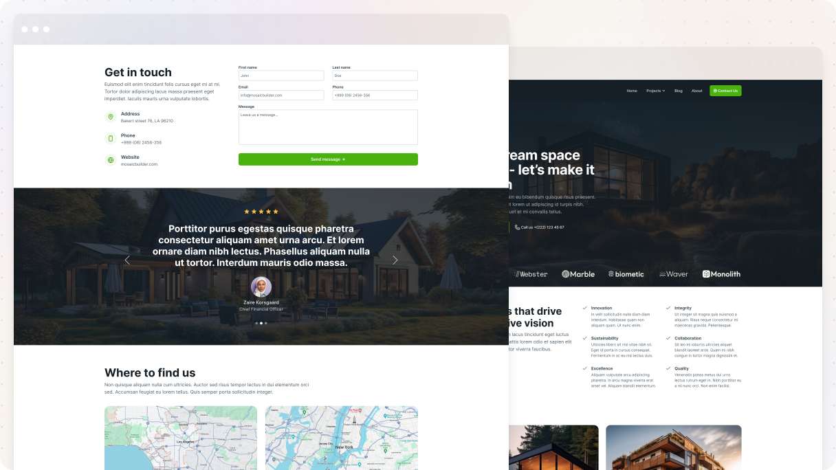 Two pages side by side — the Architect 01 contact page from the Monolith theme showing a contact form, testimonial slider, and location maps, alongside an architecture firm homepage with dark hero and values section.