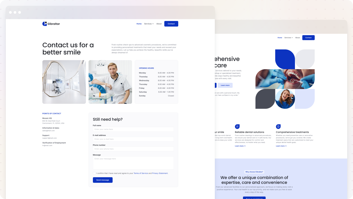 Two pages side by side — the Dentist 01 contact page from the Gibraltar theme showing clinic photos, opening hours, categorized contact details, and a message form, alongside the dental practice homepage with service highlights.
