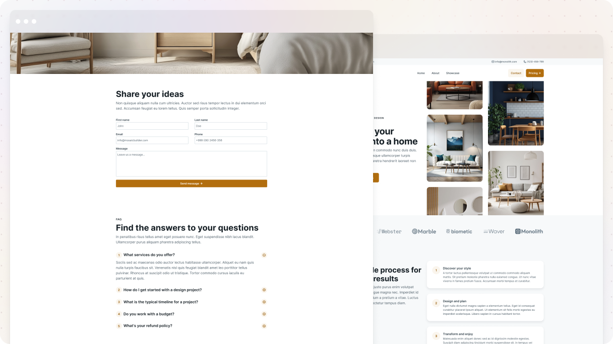 Two pages side by side — the Interior 01 contact page from the Monolith theme showing a full-width room photo, a contact form, and an FAQ accordion, alongside the interior design homepage with a project gallery.