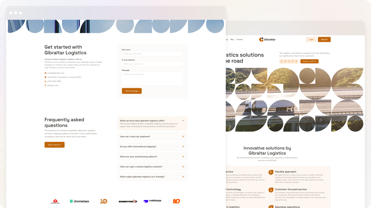 Two pages side by side — the Logistics 01 contact page from the Gibraltar theme showing a two-column layout with contact details, a message form, and an FAQ accordion, alongside the logistics company homepage with a circular image grid.