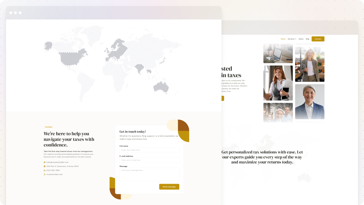 Two pages side by side — the Tax Advisory 01 contact page from the Gibraltar theme showing a dotted world map background, contact details, and a message form with gold geometric shapes, alongside the tax advisory homepage with a team photo grid.