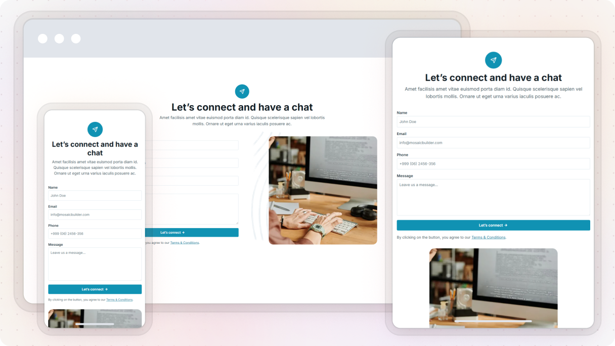 The same contact form shown across three screen sizes — mobile, tablet, and desktop — demonstrating how the single-column layout adapts responsively across devices.