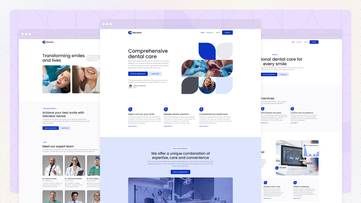 Preview of Mosaic's Dentist page kit for WordPress