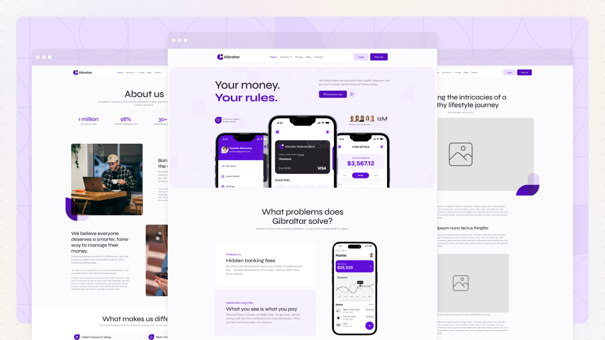 Preview of Mosaic's Fintech page kit for WordPress