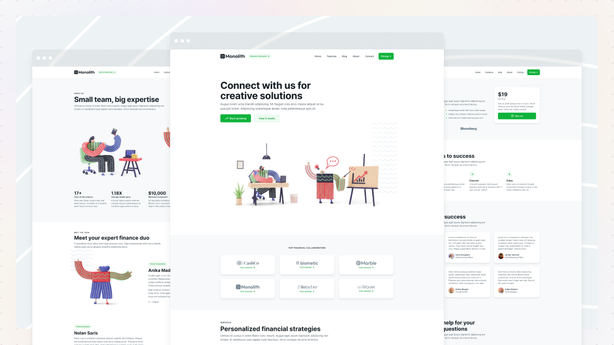 Preview of Mosaic's Finance page kit for WordPress