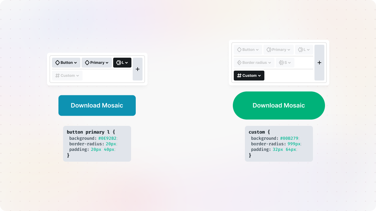 Illustration of a button element in Mosaic with a custom class applied, adding background color, border radius, and padding