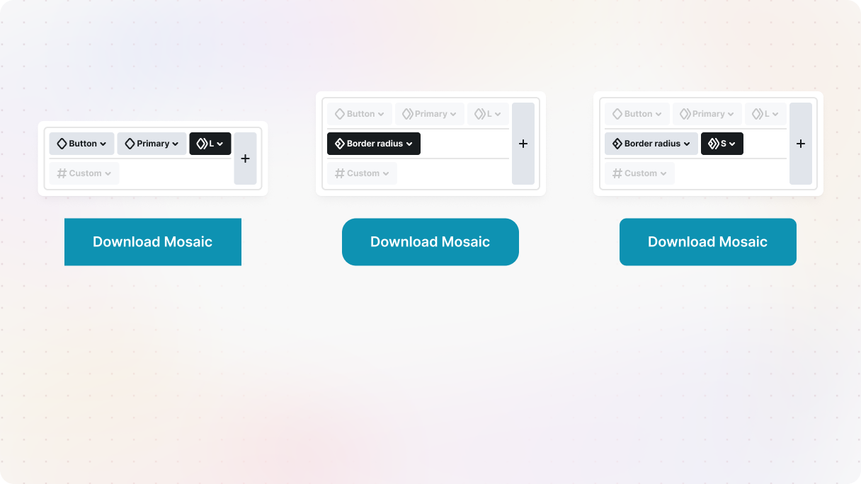Illustration of a button element in Mosaic showing the use of the Border radius utility and S utility subclasses