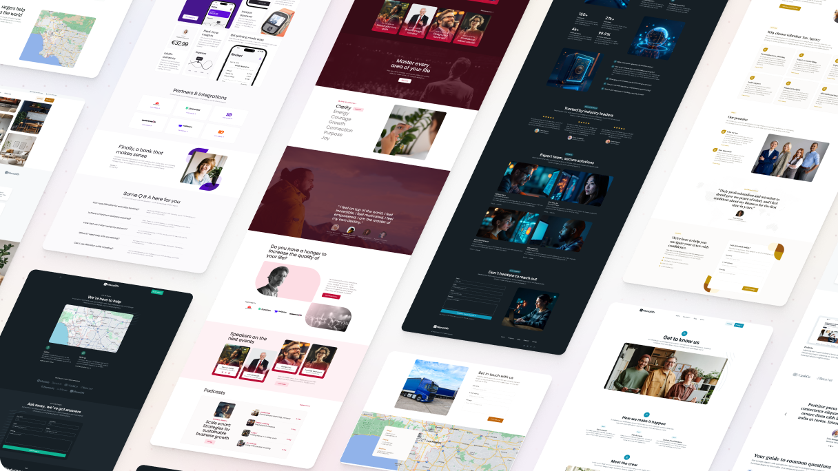 Preview of Mosaic WordPress page kits arranged, illustrating flexible combinations for building websites